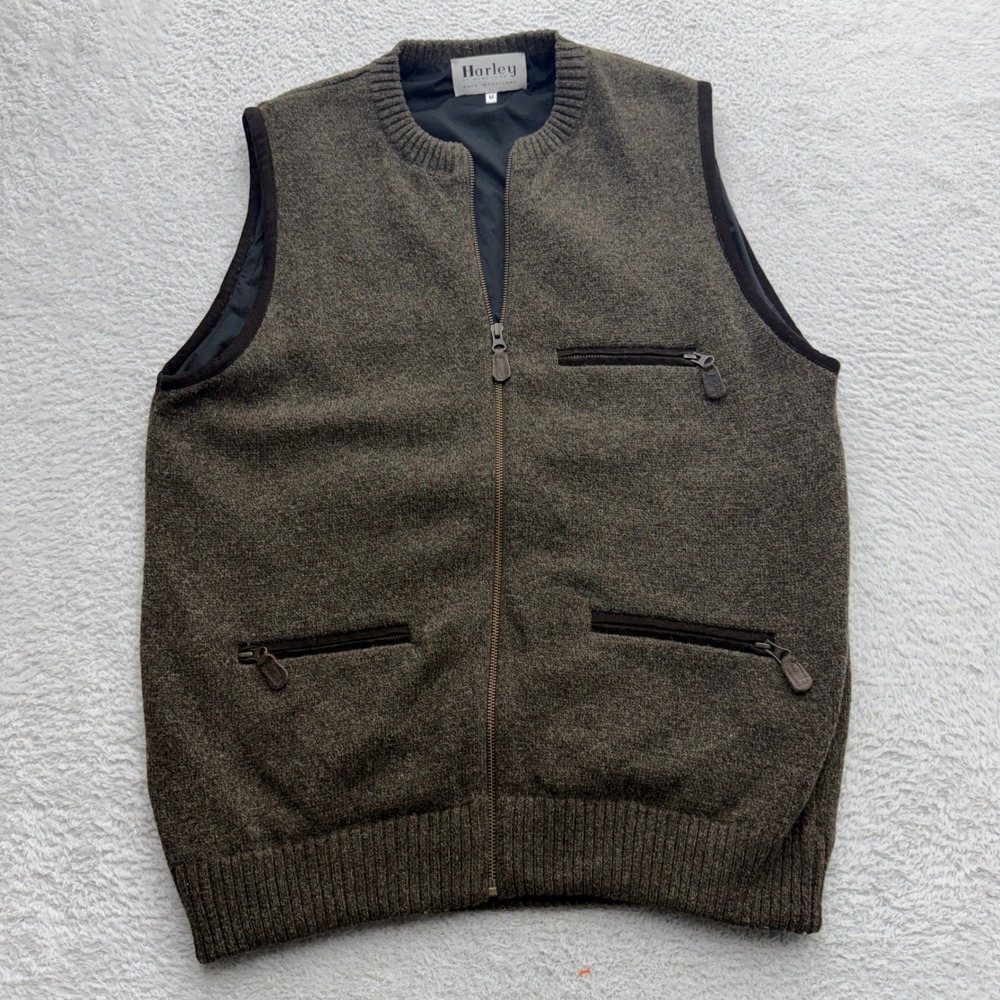 Harley of Scotland Mens Brown 100% Wool Full Zip Sweater Vest Size M Made in UK